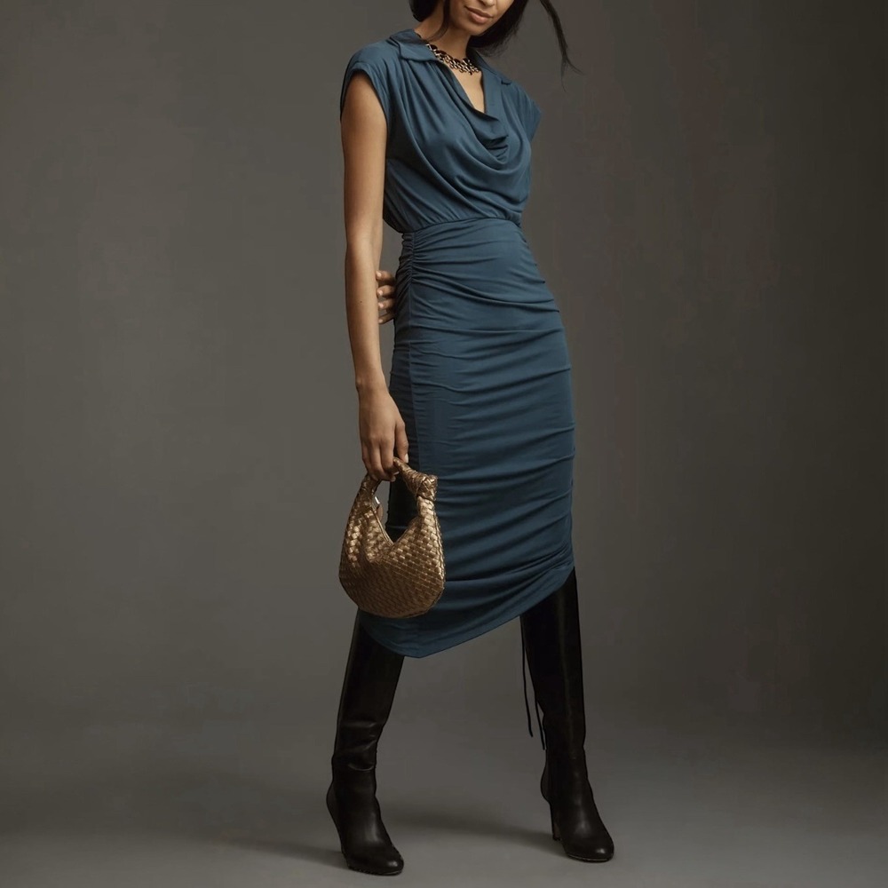 By Anthropologie Ruched Cowl-Neck Cap-Sleeve Midi Asymmetric Dress NWT Sz M‎